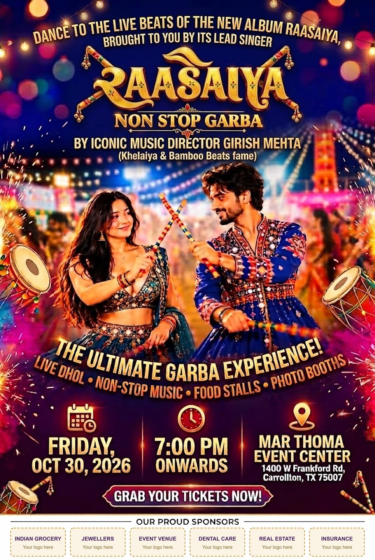 RAASAIYA Non Stop Garba flyer — Friday, Oct 30, 2026, 7:00 PM onwards, Mar Thoma Event Center